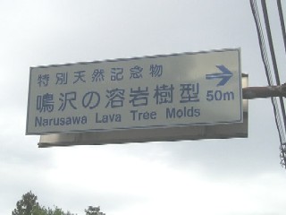 R139沿いにある鳴沢の溶岩樹型の看板。