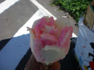 ピンクと白のバラの花びらのようなアイス。