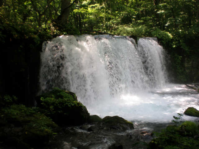 幅約15ｍ、落差約7ｍの大滝からは、水が轟音を上げて流れ落ちる。