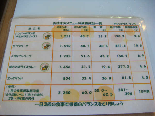 メニューごとの栄養成分一覧。ハンバーグランチはデフォで1,251Kcal。
